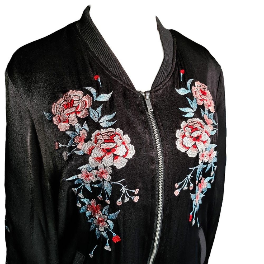 Glassons Size L Women's Black Satin Feel Floral Embroidered Bomber Jacket - Picture 2 of 13
